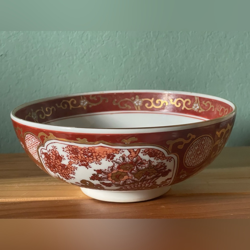 Vintage Gold Imari Brand Bowl Hand Painted Japan Birds Rust Red Gold 8.75x3.25”